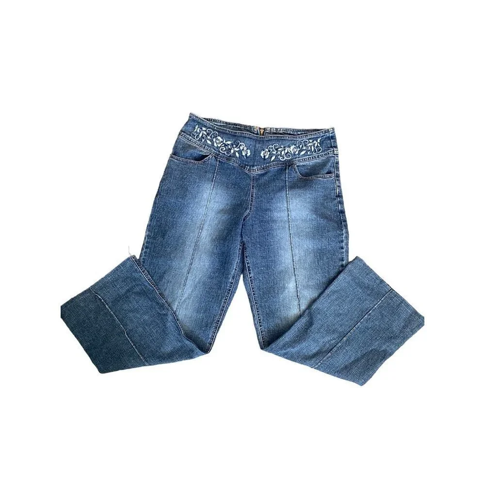 Vintage‎ Y2K Floral Embroidered Mid Waist Jeans cropped Denim Pants Women 10